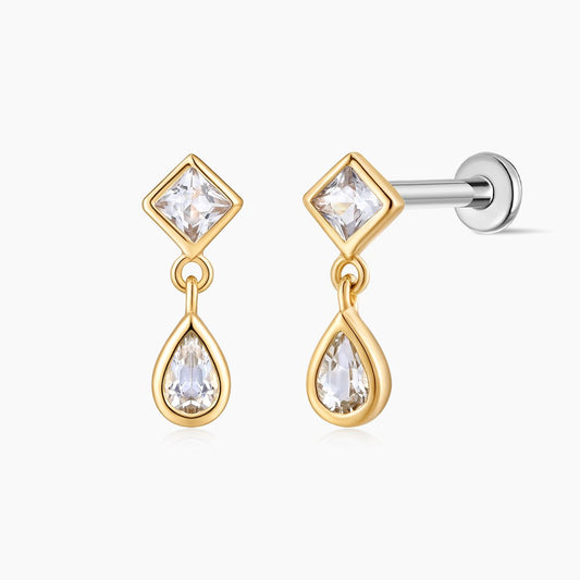 14K Solid Yellow Gold Square & Pear Double-Drop Flat Back Stud