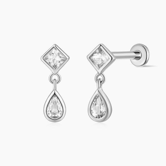 14K Solid White Gold Square & Pear Double-Drop Flat Back Stud