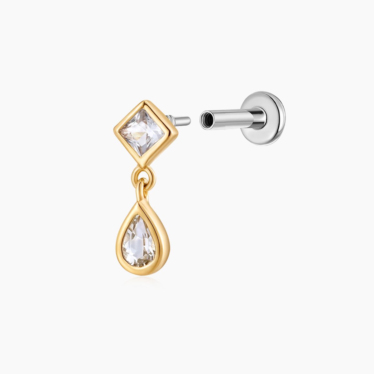 14K Solid Yellow Gold Square & Pear Double-Drop Flat Back Stud