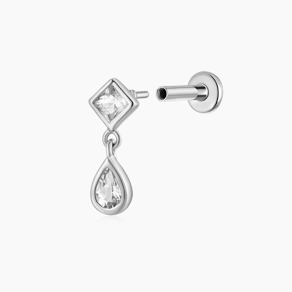 14K Solid White Gold Square & Pear Double-Drop Flat Back Stud