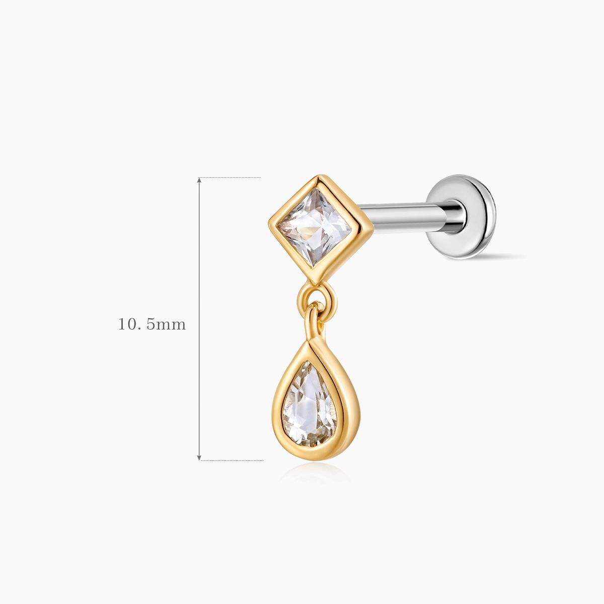 14K Solid Yellow Gold Square & Pear Double-Drop Flat Back Stud