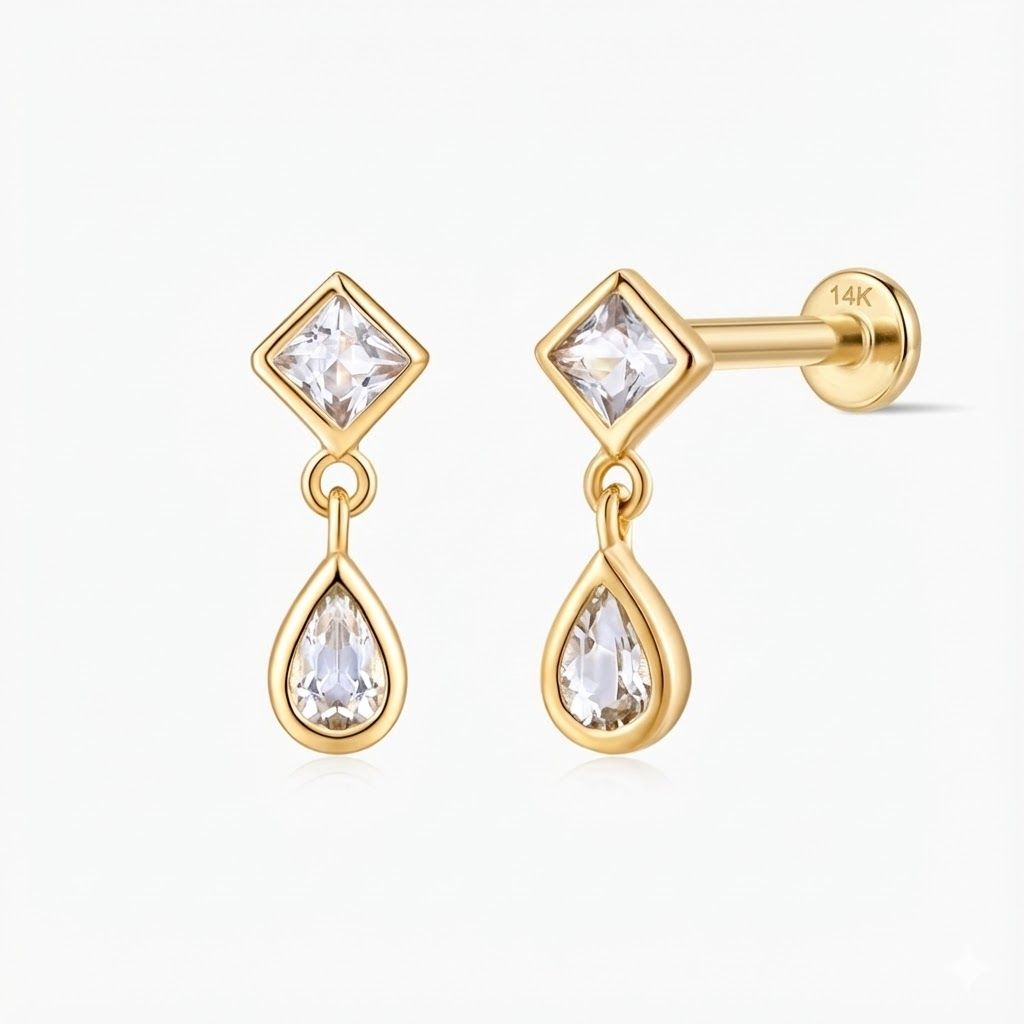 14K Solid Yellow Gold Square & Pear Double-Drop Flat Back& Solid Gold Post