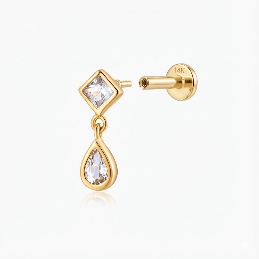 14K Solid Yellow Gold Square & Pear Double-Drop Flat Back& Solid Gold Post