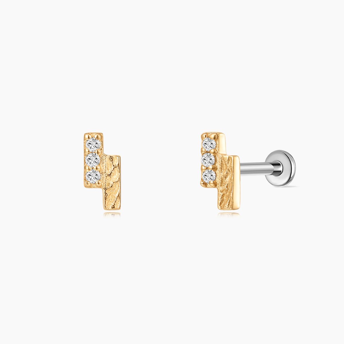 14K Solid Yellow Gold Textured Bar Flat Back Piercing Stud