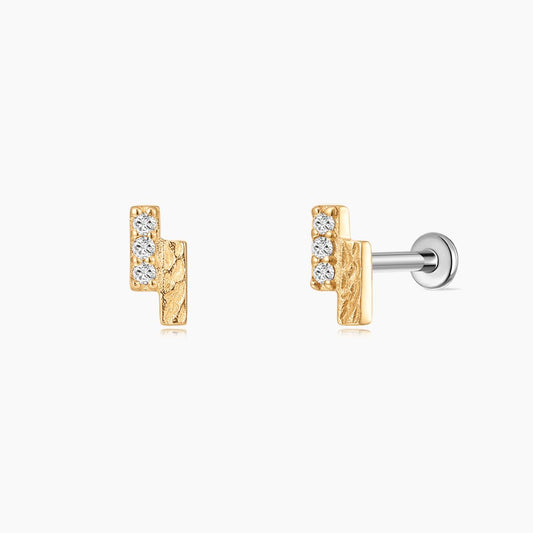 14K Solid Yellow Gold Textured Bar Flat Back Piercing Stud