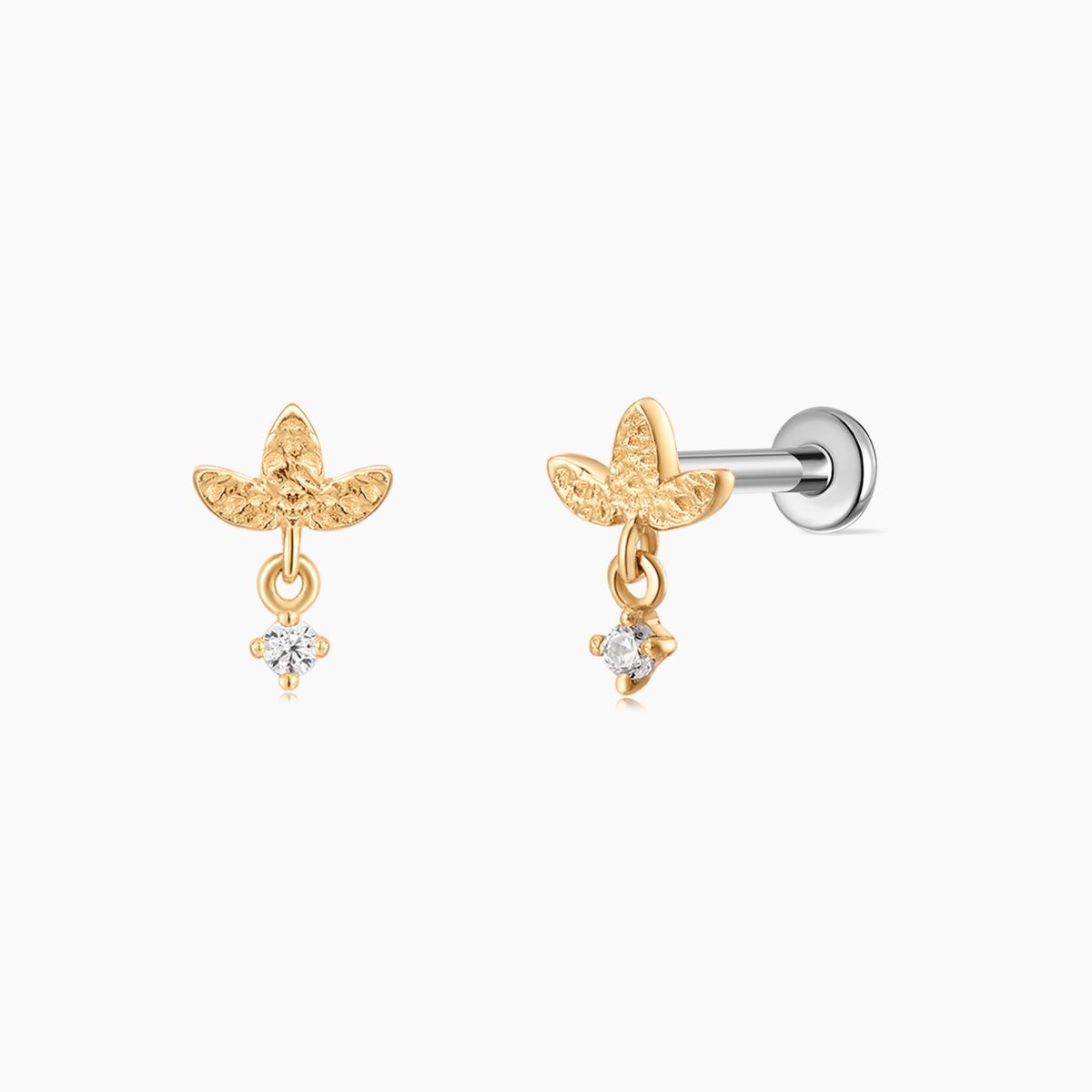 14K Solid Yellow Gold Textured Leaf Dangle Flat Back Piercing
