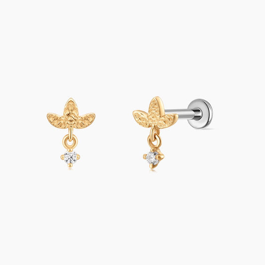 14K Solid Yellow Gold Textured Leaf Dangle Flat Back Piercing