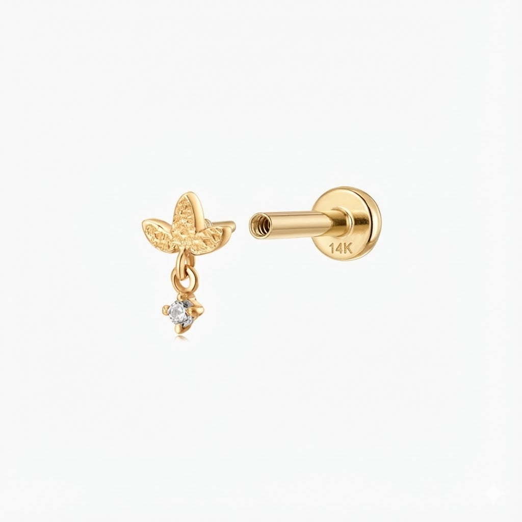 14K Solid Yellow Gold Textured Leaf Dangle Flat Back & Solid Gold Post