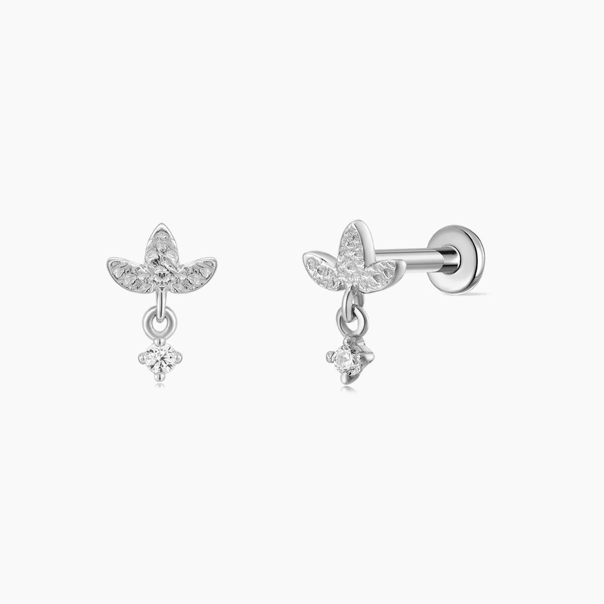 14K Solid White Gold Textured Leaf Dangle Flat Back Piercing