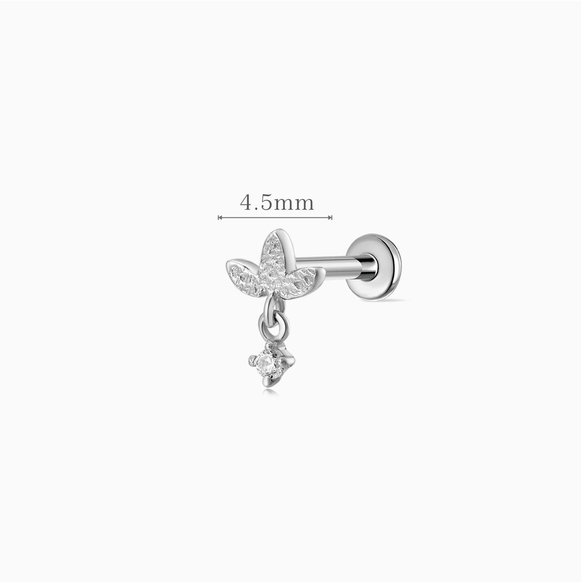 14K Solid White Gold Textured Leaf Dangle Flat Back Piercing