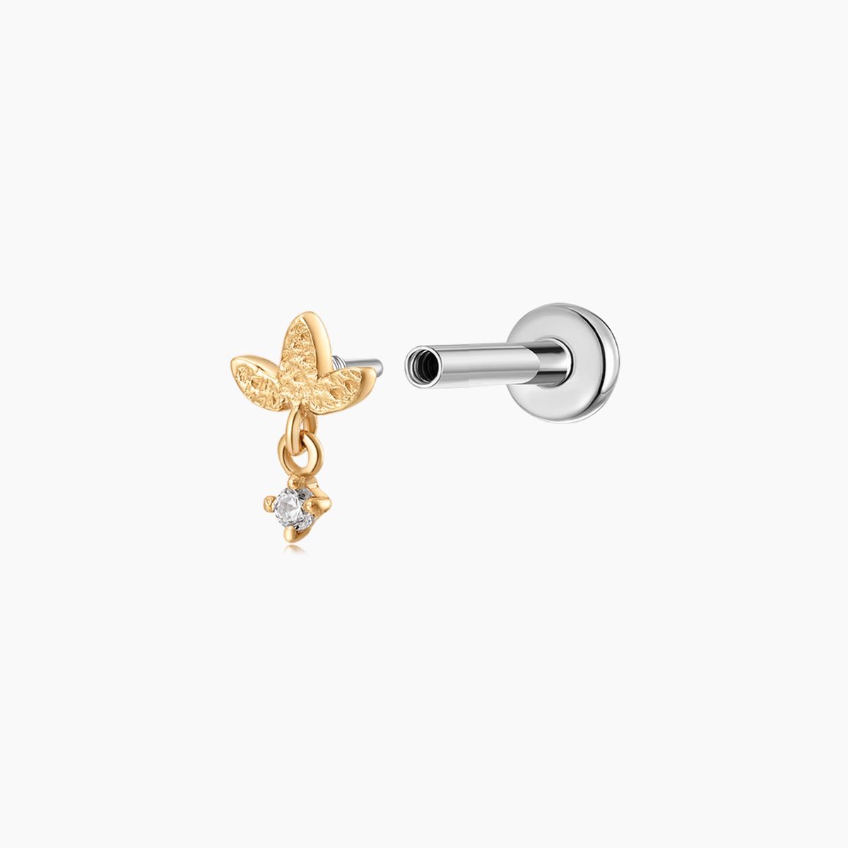 14K Solid Yellow Gold Textured Leaf Dangle Flat Back Piercing