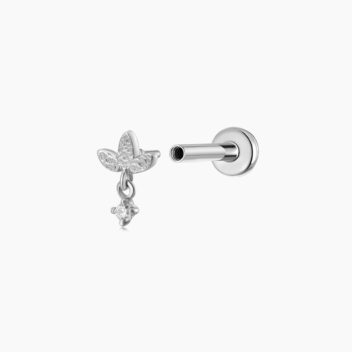 14K Solid White Gold Textured Leaf Dangle Flat Back Piercing