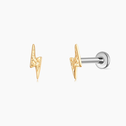 14K Solid Yellow Gold Textured Lightning Flat Back Piercing Stud