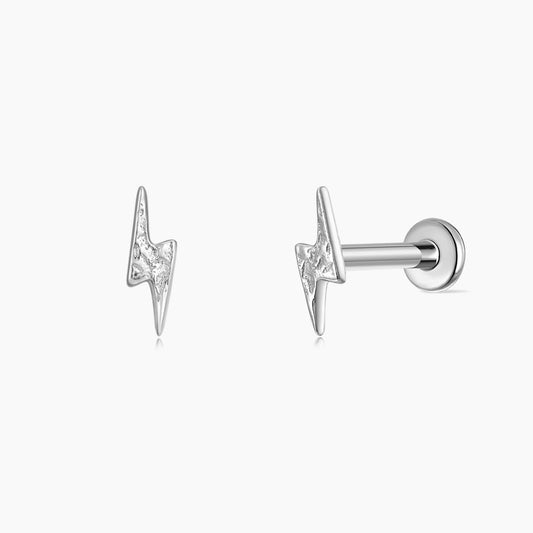 14K Solid White Gold Textured Lightning Flat Back Piercing Stud
