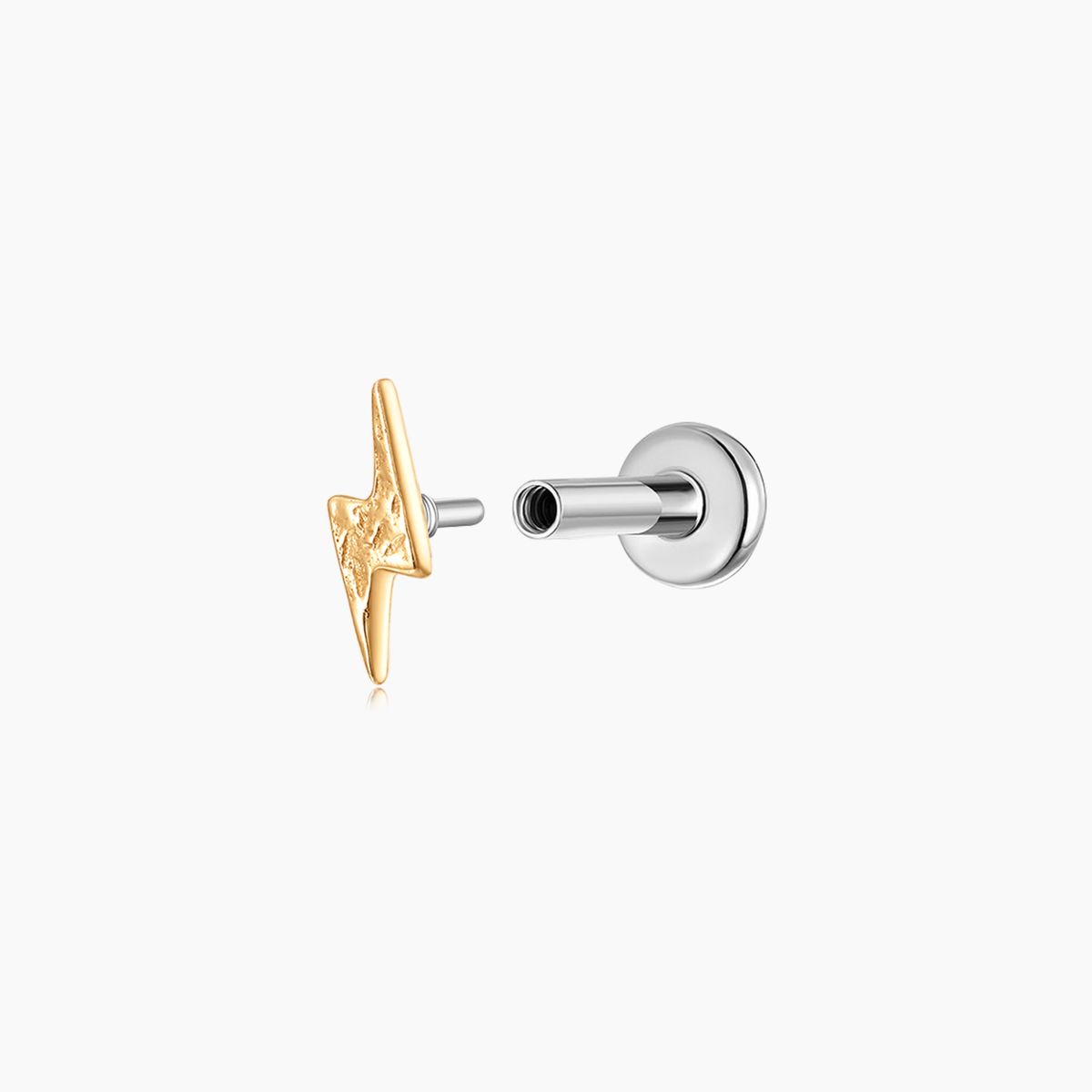14K Solid Yellow Gold Textured Lightning Flat Back Piercing Stud