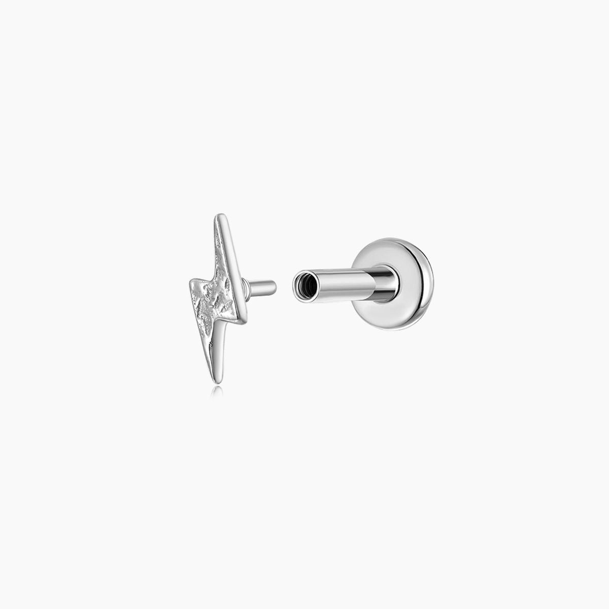 14K Solid White Gold Textured Lightning Flat Back Piercing Stud