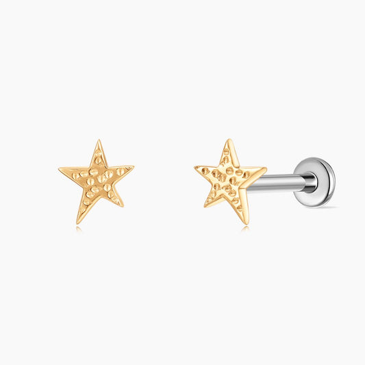 14K Solid Yellow Gold Textured Star Flat Back Stud