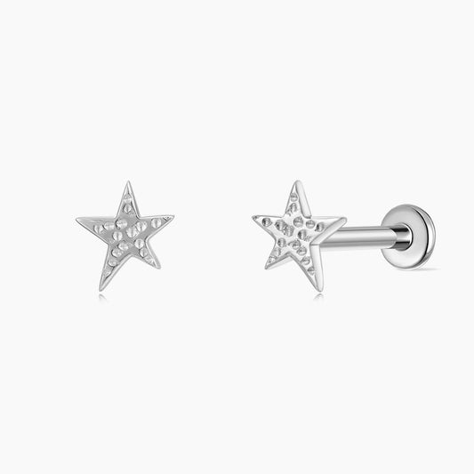 14K Solid White Gold Textured Star Flat Back Stud