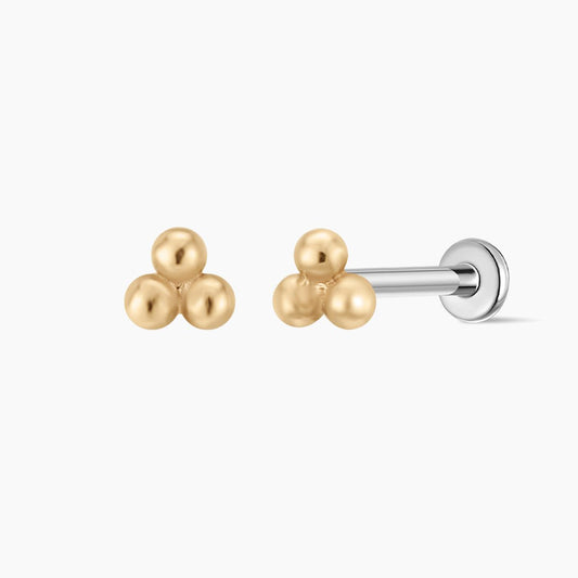 14K Solid Yellow Gold Three-Bead Flat Back Stud