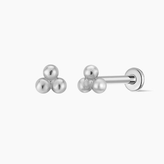 14K Solid White Gold Three-Bead Flat Back Stud