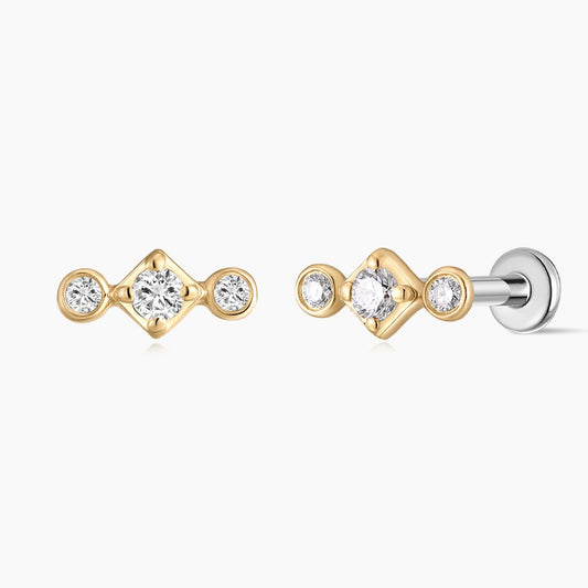 14K Solid Yellow Gold Three-Stone Flat Back Stud