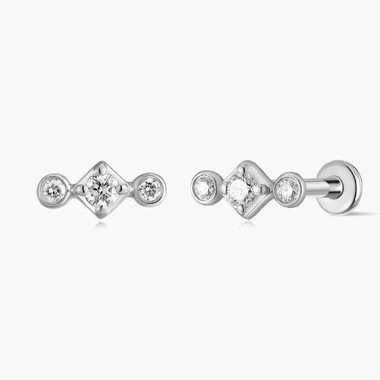14K Solid White Gold Three-Stone Flat Back Stud
