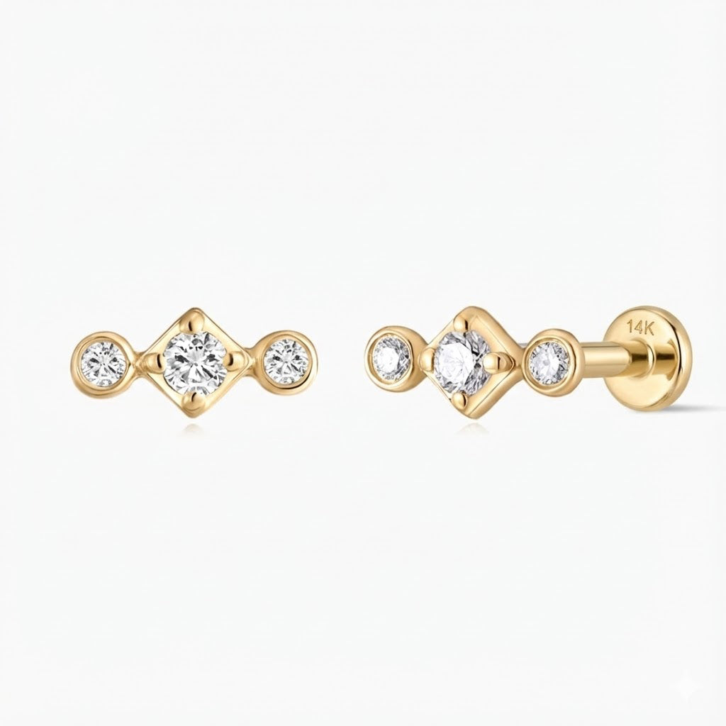 14K Solid Yellow Gold Three-Stone Flat Back Stud & Solid Gold Post