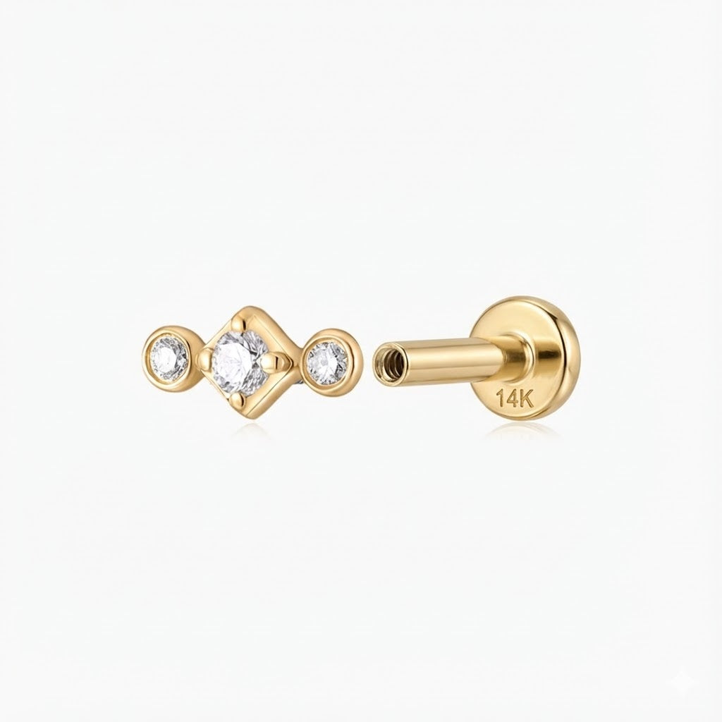 14K Solid Yellow Gold Three-Stone Flat Back Stud & Solid Gold Post