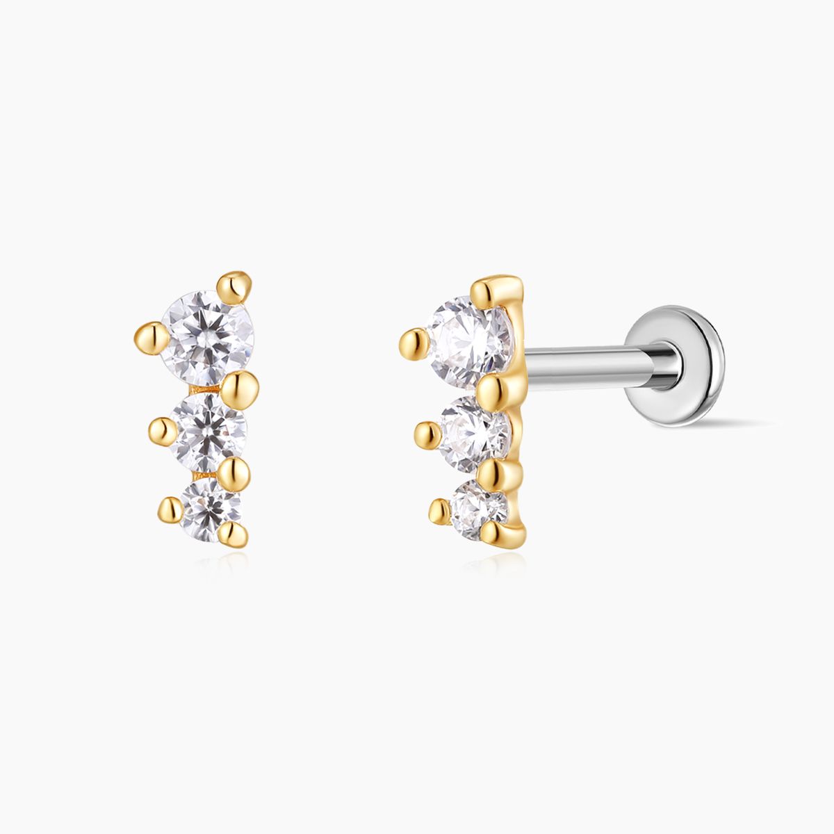 14K Solid Yellow Gold Three-Stone Vertical Flat Back Stud