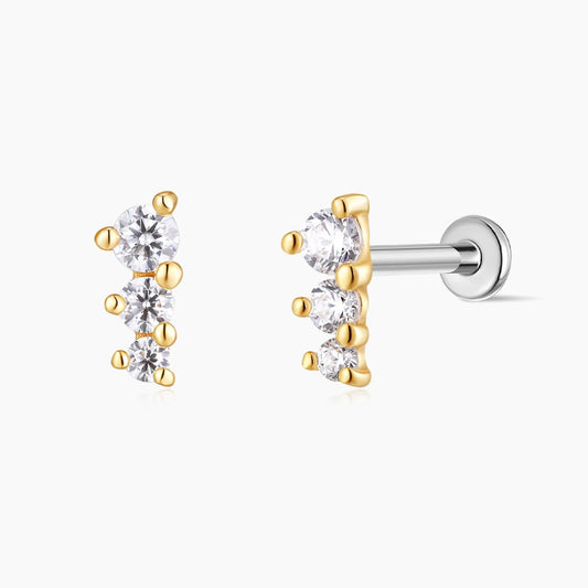 14K Solid Yellow Gold Three-Stone Vertical Flat Back Stud