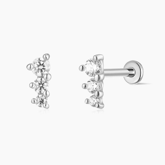 14K Solid White Gold Three-Stone Vertical Flat Back Stud