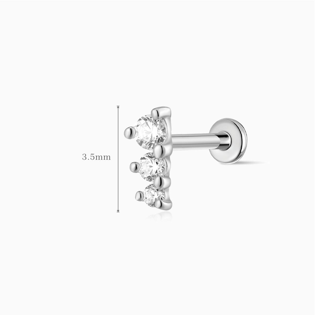 14K Solid White Gold Three-Stone Vertical Flat Back Stud