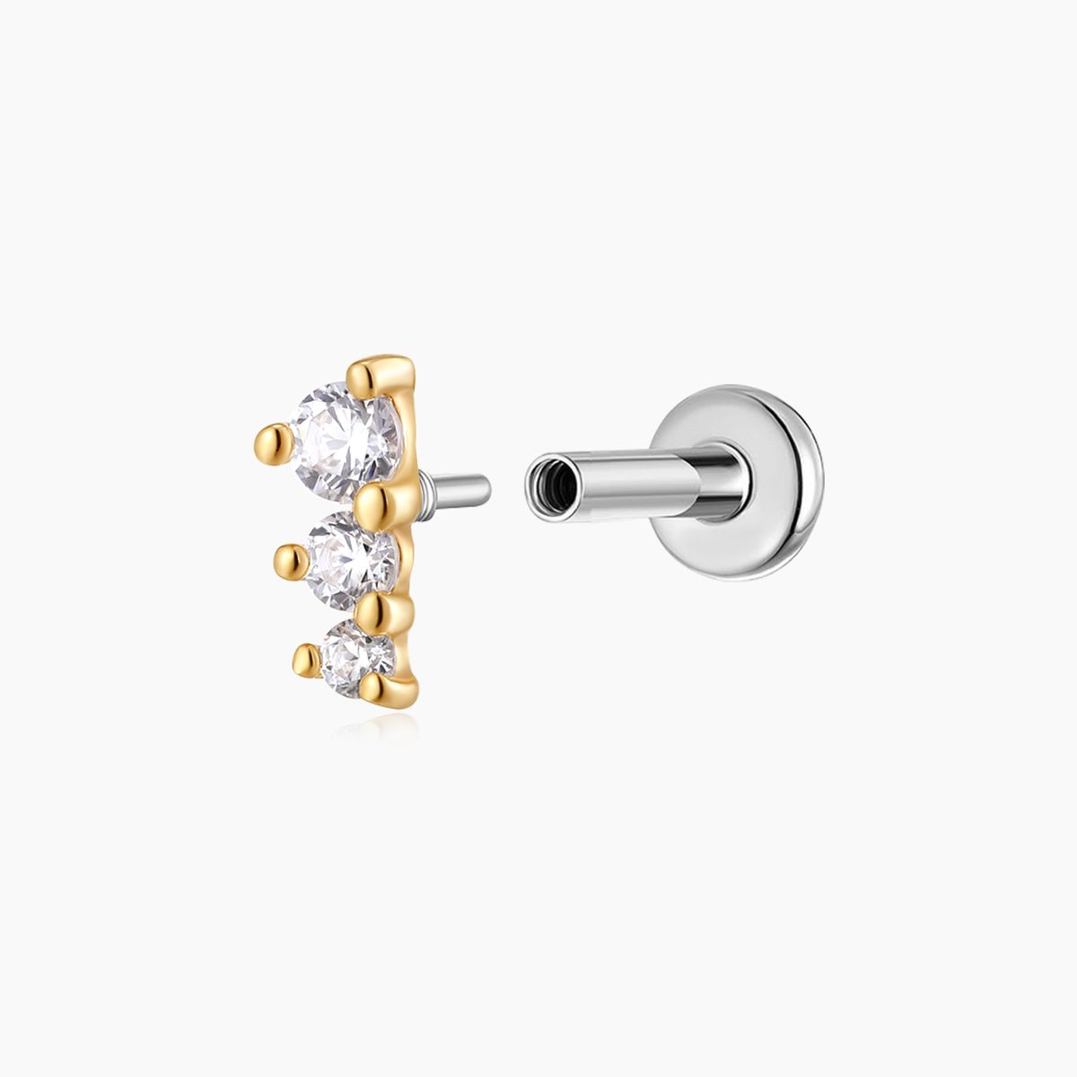 14K Solid Yellow Gold Three-Stone Vertical Flat Back Stud