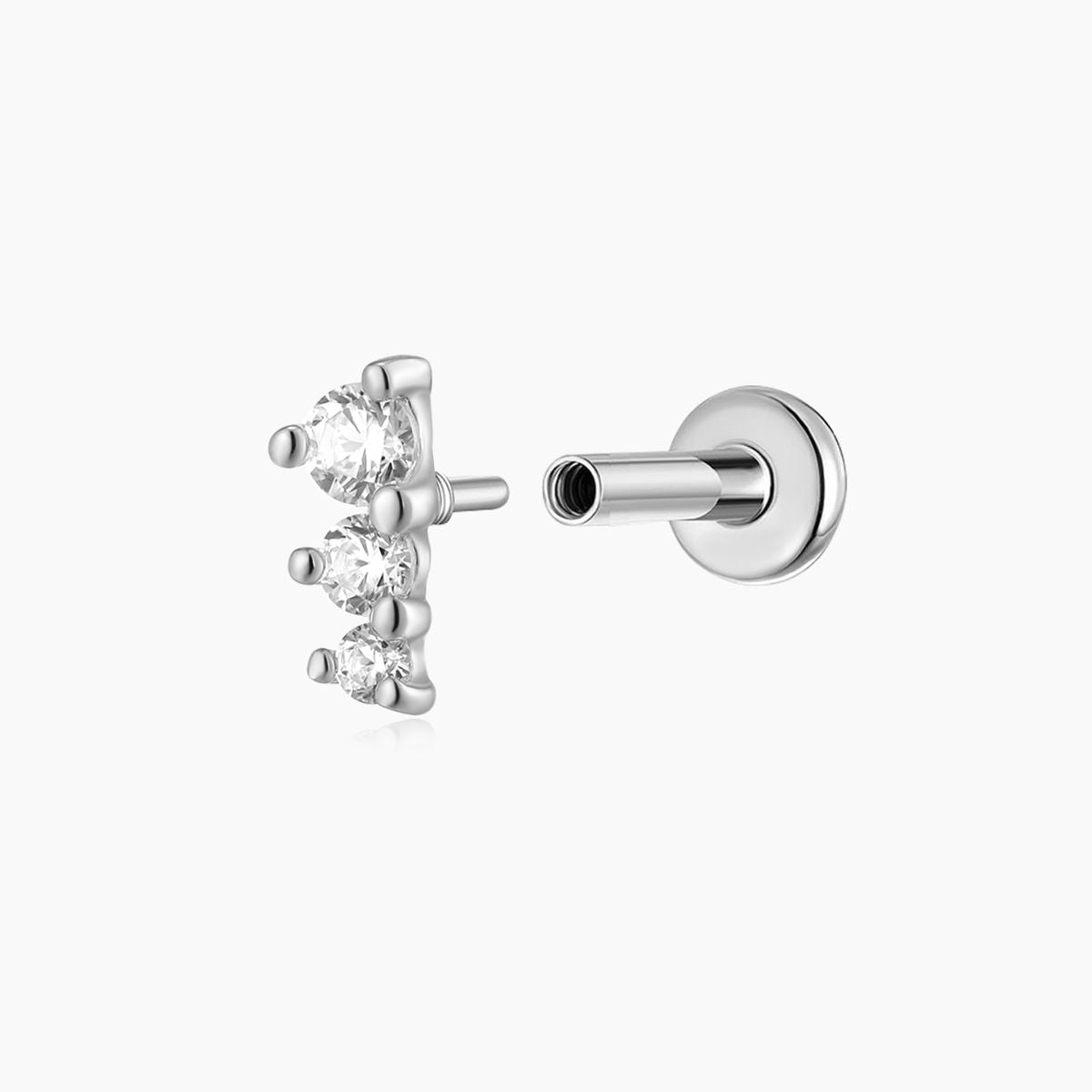 14K Solid White Gold Three-Stone Vertical Flat Back Stud