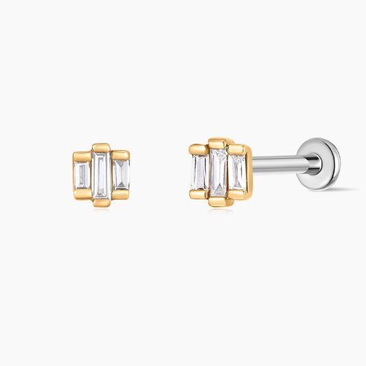 14K Solid Yellow Gold Triple Baguette Stud