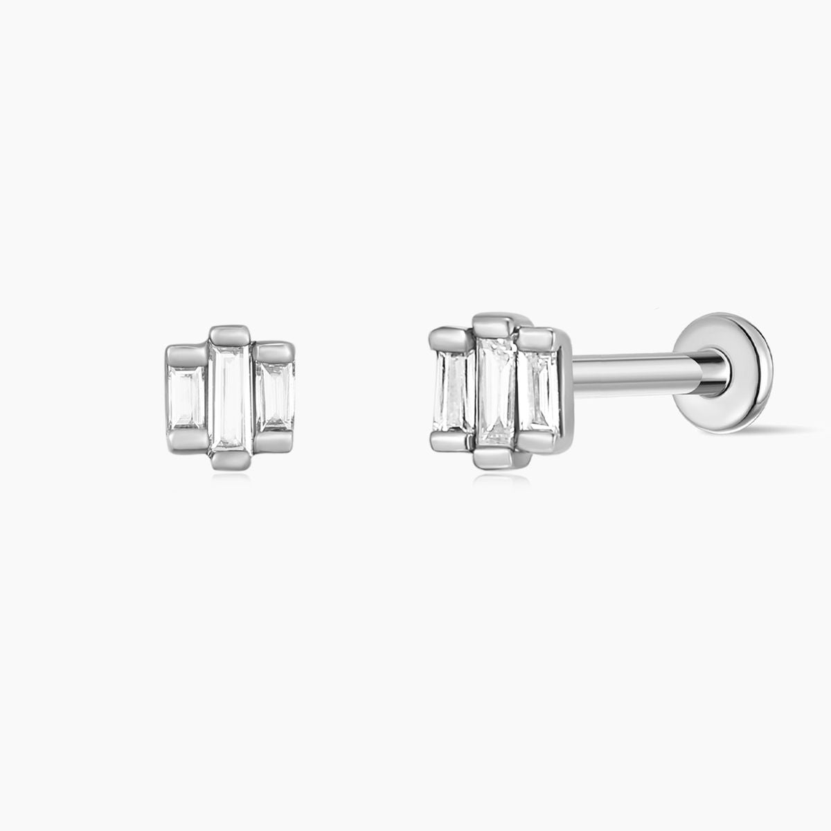 14K Solid White Gold Triple Baguette Stud