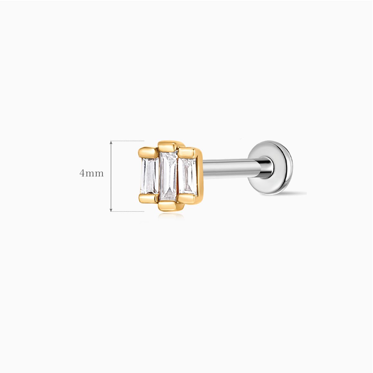 14K Solid Yellow Gold Triple Baguette Stud