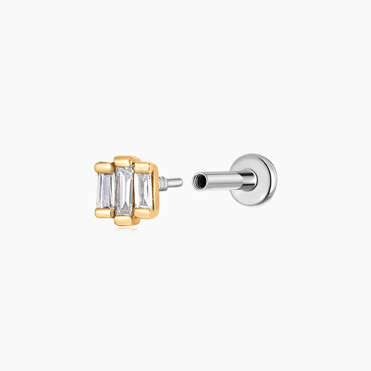 14K Solid Yellow Gold Triple Baguette Stud