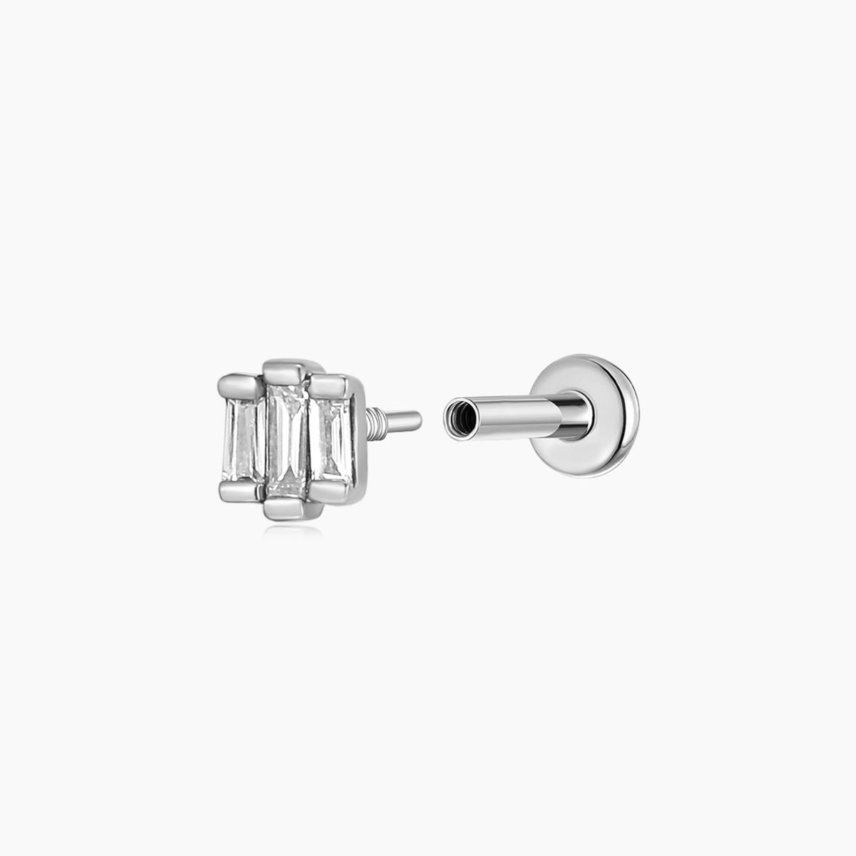 14K Solid White Gold Triple Baguette Stud