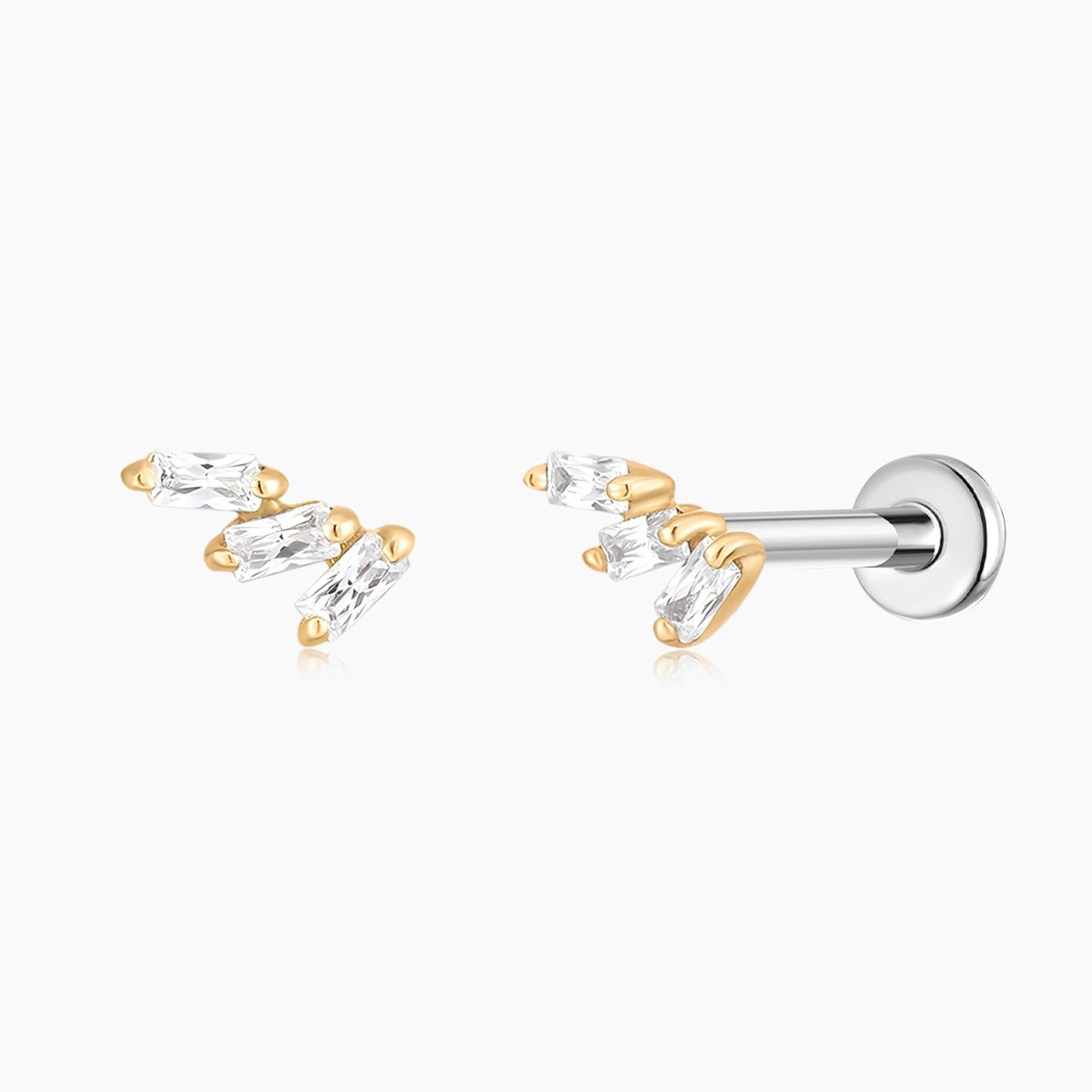 14K Solid Yellow Gold Triple Tapered Baguette Flat Back Stud & Titanium Post