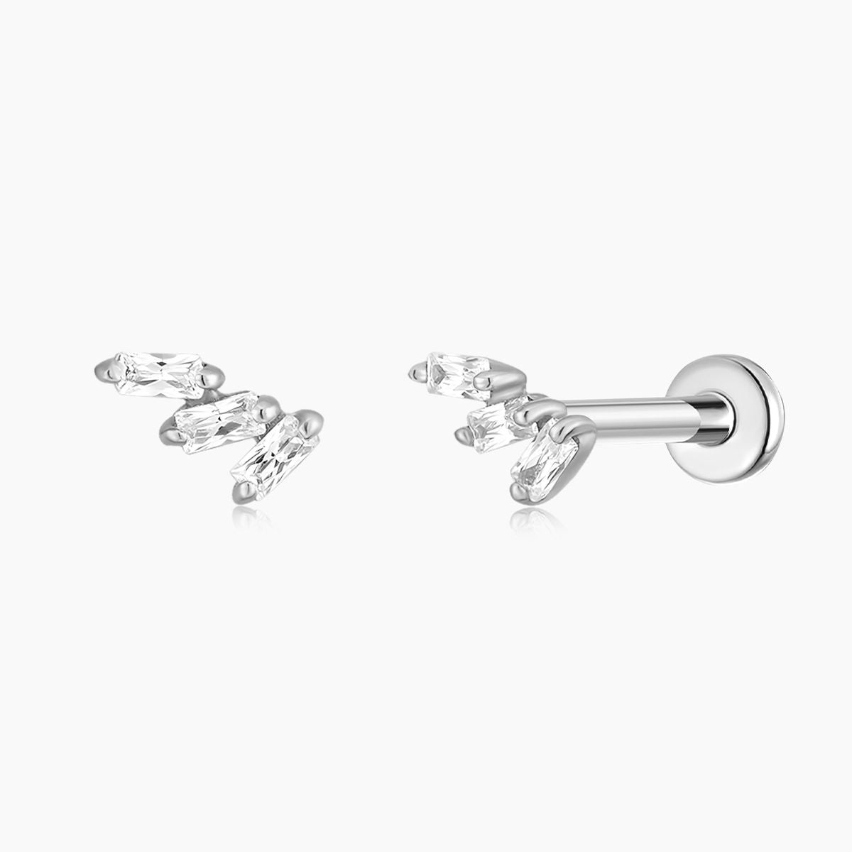 14K Solid White Gold Triple Tapered Baguette Flat Back Stud & Titanium Post