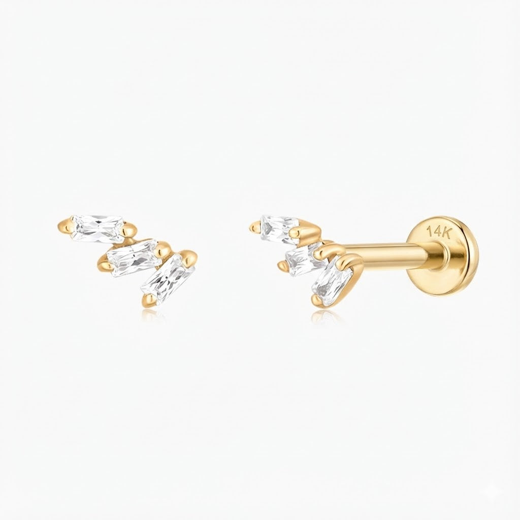 14K Solid Yellow Gold Triple Tapered Baguette Flat Back Stud & Solid Gold Post