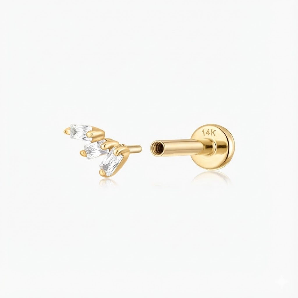 14K Solid Yellow Gold Triple Tapered Baguette Flat Back Stud & Solid Gold Post