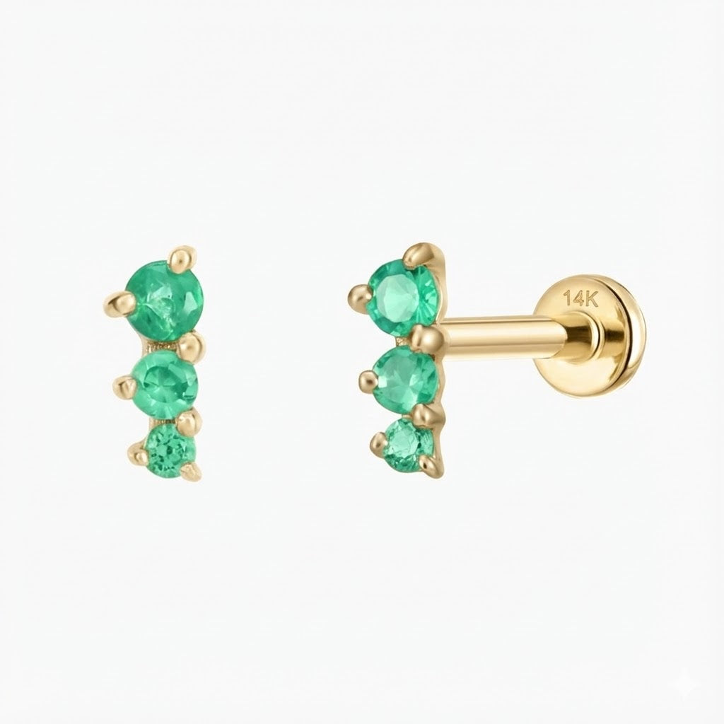 14K Solid Yellow Gold Tsavorite Trio Flat Back Stud & Solid Gold Post