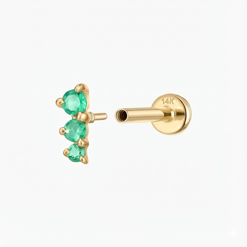 14K Solid Yellow Gold Tsavorite Trio Flat Back Stud & Solid Gold Post