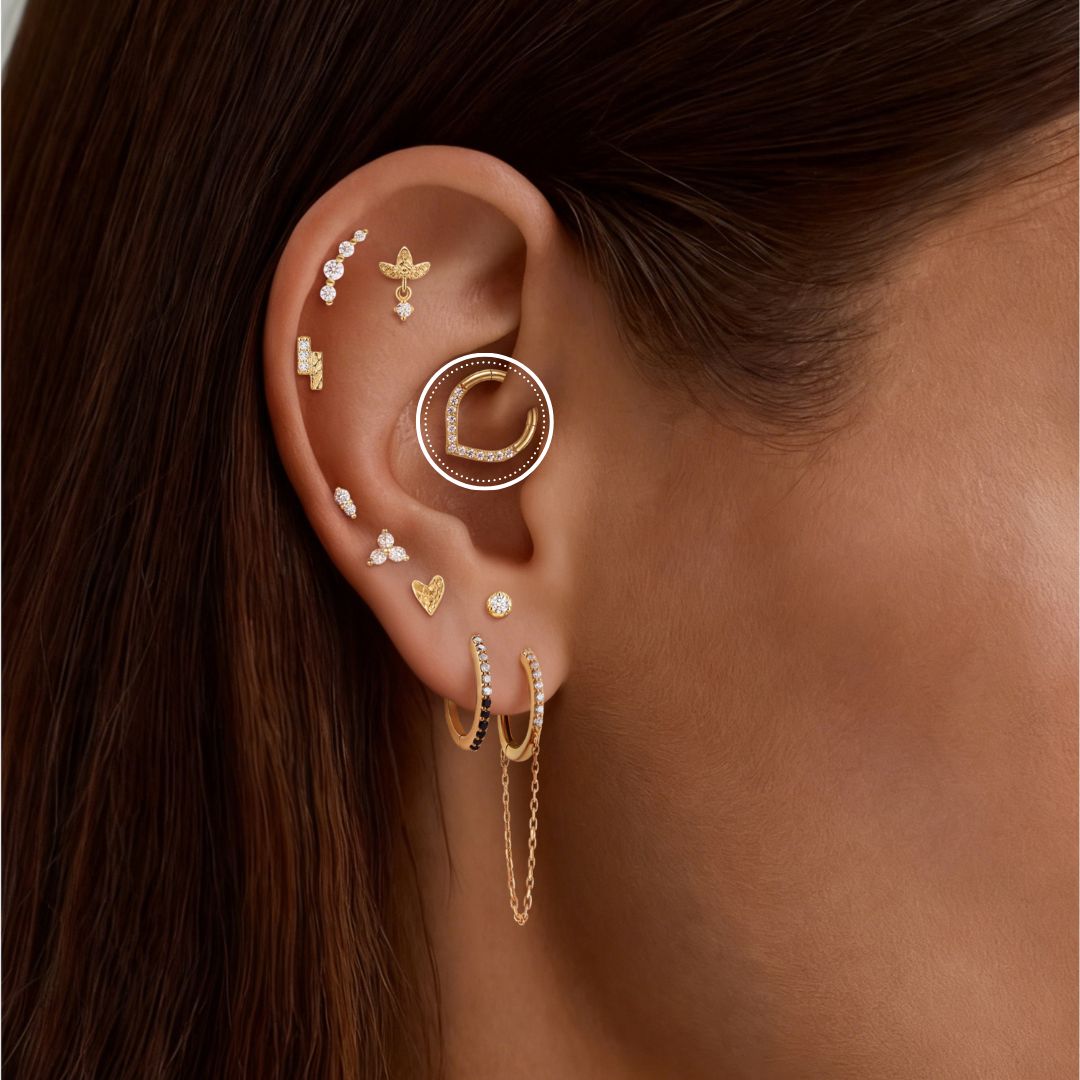 14K Solid Yellow Gold V-Shaped Pavé Clicker Hoop