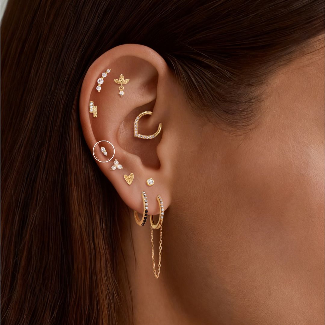 14K Solid Yellow Gold Vertical Double Gem Flat Back Stud