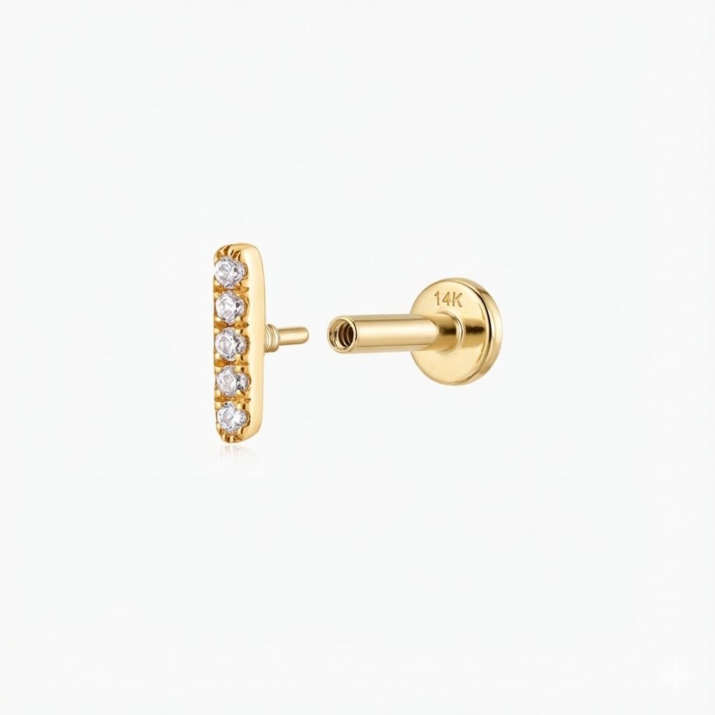 14K Solid Yellow Gold Vertical Pavé Stud & Solid Gold Post