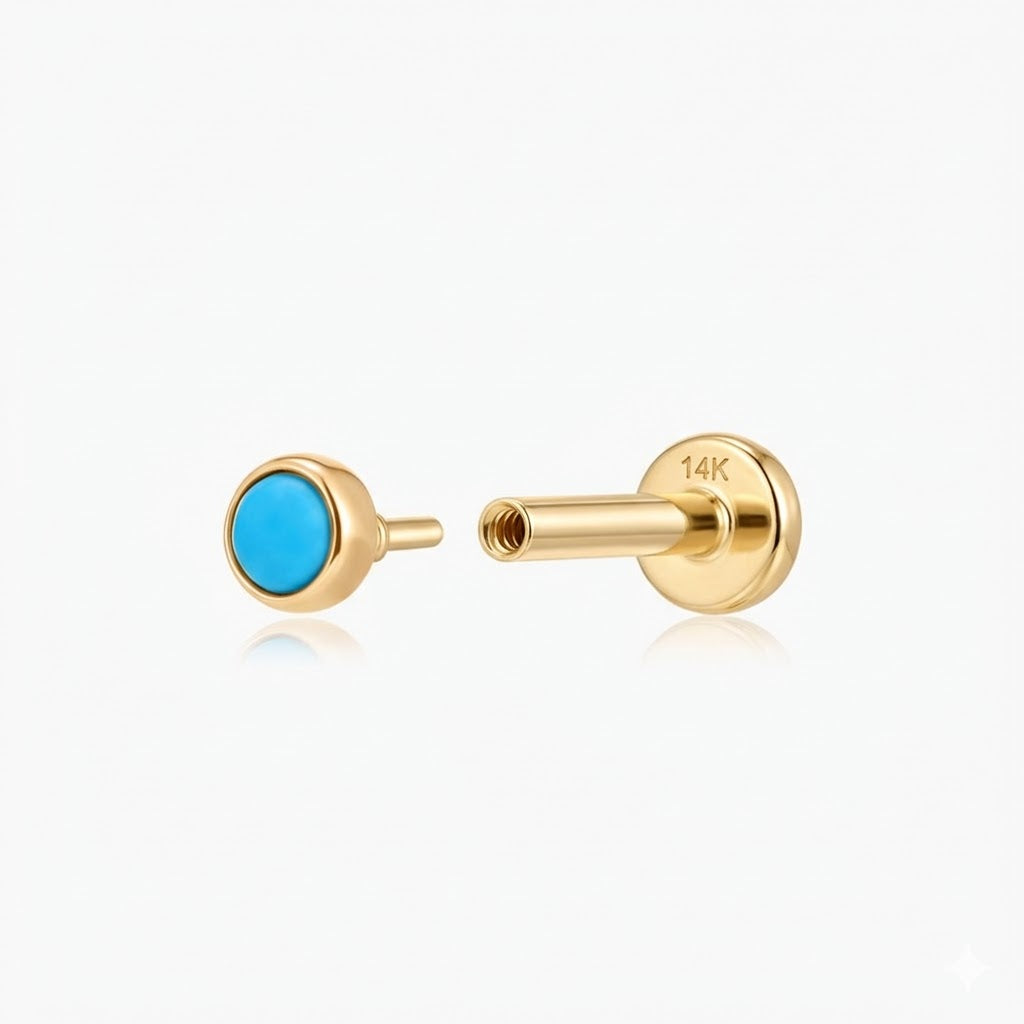 14K Solid Yellow Gold Turquoise Flat Back Stud & Solid Gold Post