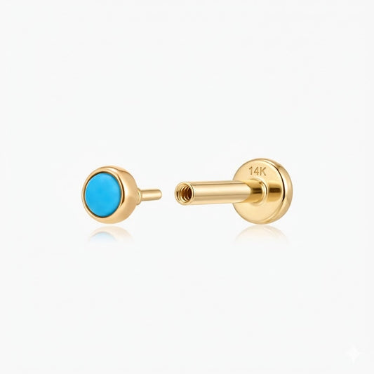 14K Solid Yellow Gold Turquoise Flat Back Stud & Solid Gold Post